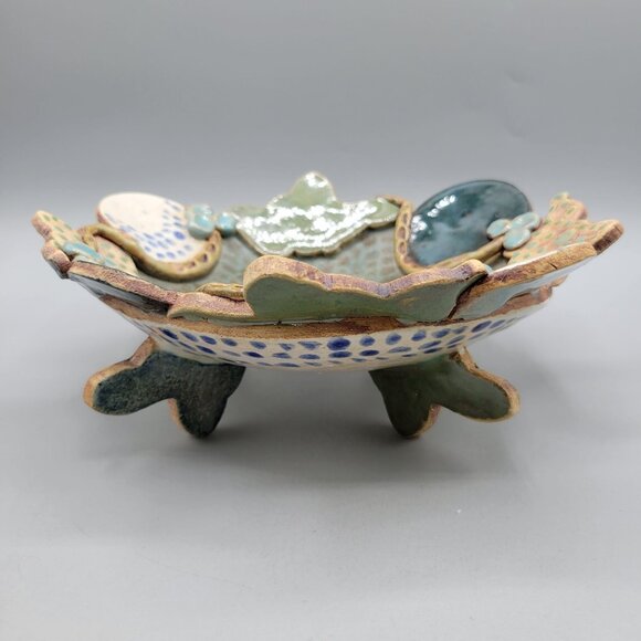 Handcrafted Studio Pottery Decorative Bowl Snake Details Footed One of a Kind - Picture 4 of 8
